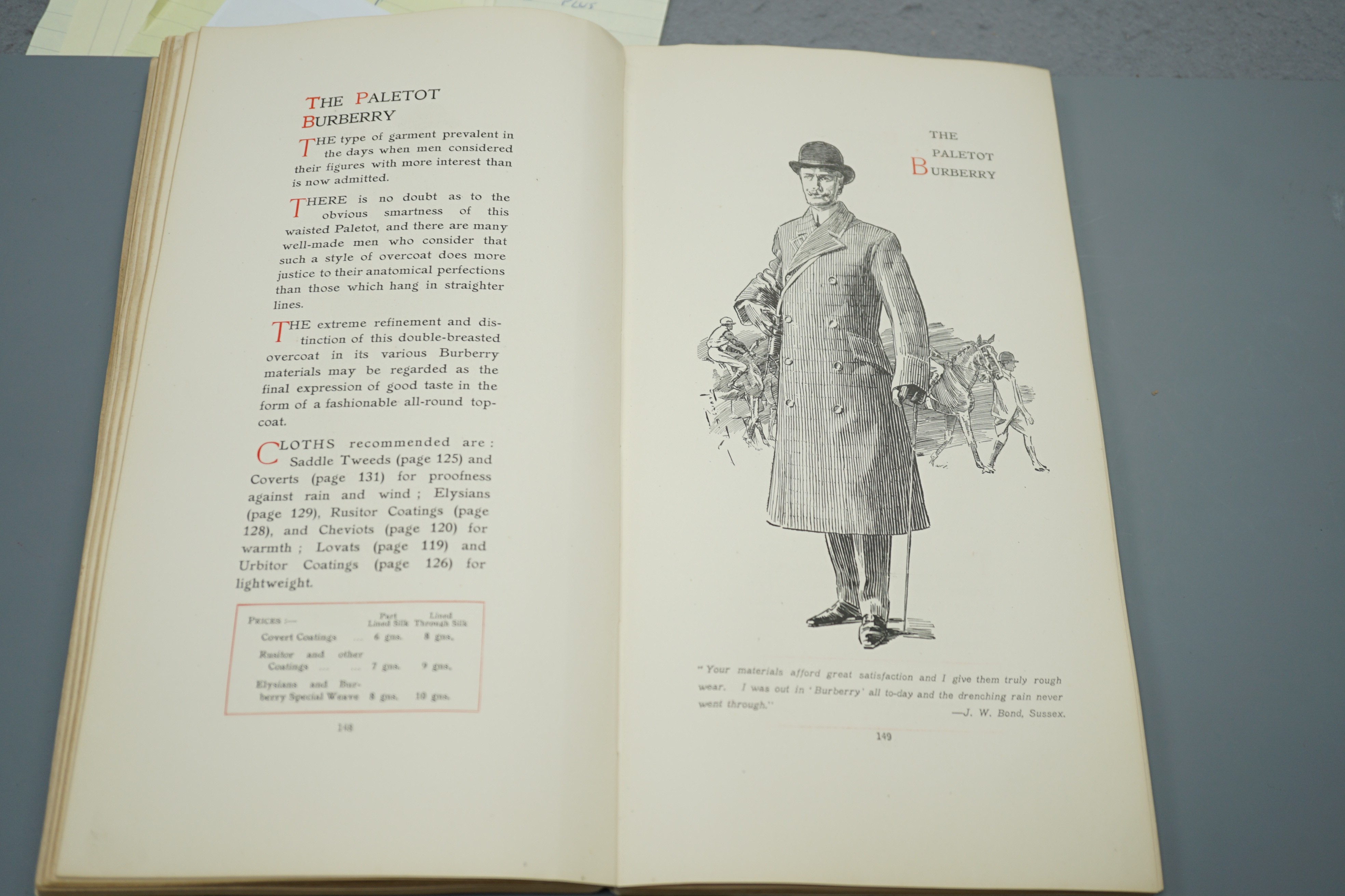 Burberry - Burberry For Men, 19th edition, elongated qto, 256 pages, many mounted with cloth swathes, Burberry gilt coat of arms to front cover, London c.1909